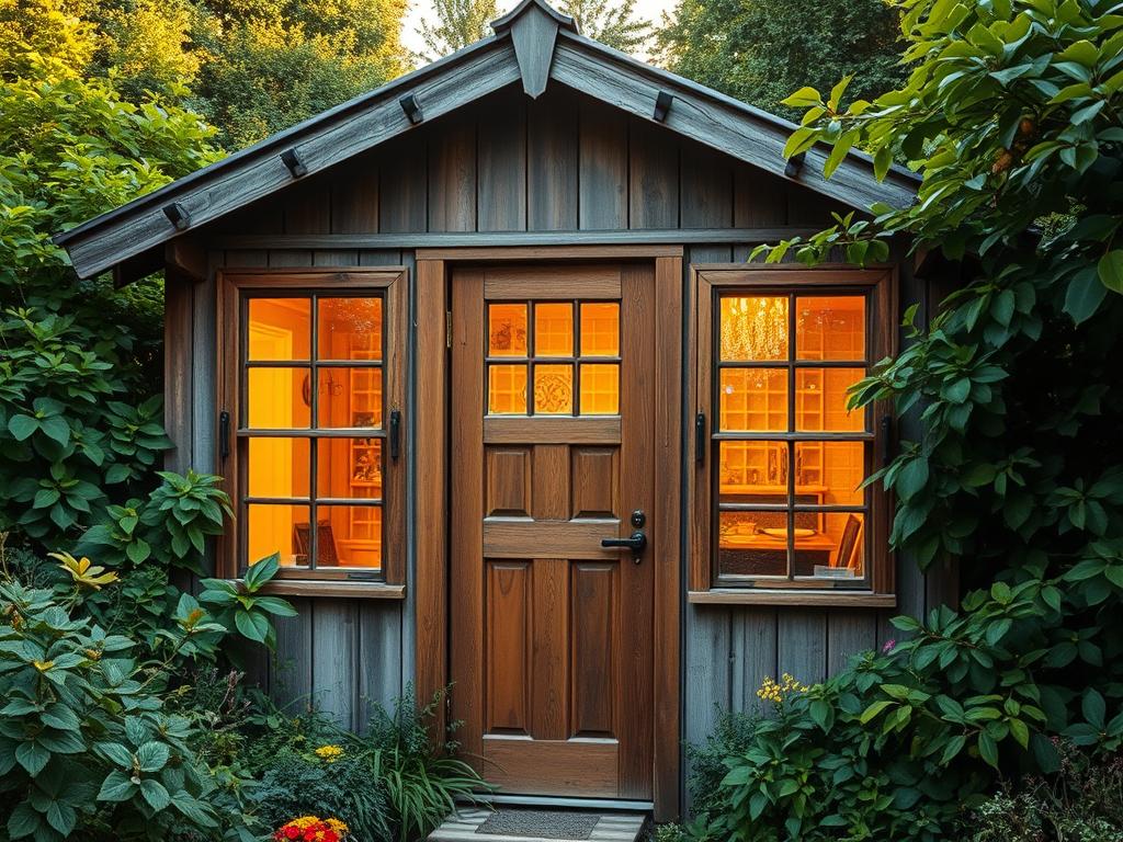 A cozy garden shed nestled amidst lush foliage, its weathered wooden exterior framed by ornate window frames and a charming wooden door. The warm, golden light filters through the panes, casting a gentle glow over the surrounding greenery. The scene exudes a sense of tranquility and harmony, blending seamlessly with the natural landscape. The shed's integrated design showcases the careful integration of its architectural elements, creating a visually appealing and cohesive composition. A cozy garden shed nestled amidst lush foliage, its weathered wooden exterior framed by ornate window frames and a charming wooden door. The warm, golden light filters through the panes, casting a gentle glow over the surrounding greenery. The scene exudes a sense of tranquility and harmony, blending seamlessly with the natural landscape. The shed's integrated design showcases the careful integration of its architectural elements, creating a visually appealing and cohesive composition.