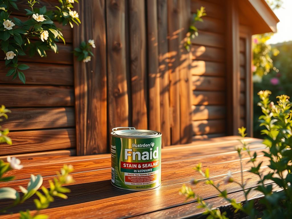 A weathered wooden garden shed, its boards recently refreshed with a gleaming, protective wood stain and sealant. The surface shimmers in the warm, golden light of the afternoon sun, casting soft shadows that accentuate the grain and texture. In the foreground, a can of the stain/sealant product sits open, its label prominently displayed. Lush, verdant plants and flowers frame the scene, creating a serene, natural backdrop. The overall composition conveys a sense of rejuvenation, care, and a well-maintained outdoor space. A weathered wooden garden shed, its boards recently refreshed with a gleaming, protective wood stain and sealant. The surface shimmers in the warm, golden light of the afternoon sun, casting soft shadows that accentuate the grain and texture. In the foreground, a can of the stain/sealant product sits open, its label prominently displayed. Lush, verdant plants and flowers frame the scene, creating a serene, natural backdrop. The overall composition conveys a sense of rejuvenation, care, and a well-maintained outdoor space.