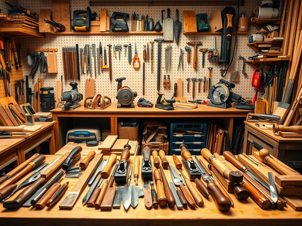 A well-organized workshop filled with an assortment of woodworking tools. In the foreground, a collection of hand tools including chisels, planes, and saws neatly arranged on a wooden workbench. In the middle ground, power tools such as a miter saw, jigsaw, and orbital sander are positioned on shelves. The background features a wall-mounted pegboard displaying various other tools and accessories. Soft, warm lighting illuminates the scene, creating a cozy and inviting atmosphere for a skilled craftsperson to tackle their next woodworking project. The overall composition conveys a sense of organization, precision, and the joy of working with one's hands. A well-organized workshop filled with an assortment of woodworking tools. In the foreground, a collection of hand tools including chisels, planes, and saws neatly arranged on a wooden workbench. In the middle ground, power tools such as a miter saw, jigsaw, and orbital sander are positioned on shelves. The background features a wall-mounted pegboard displaying various other tools and accessories. Soft, warm lighting illuminates the scene, creating a cozy and inviting atmosphere for a skilled craftsperson to tackle their next woodworking project. The overall composition conveys a sense of organization, precision, and the joy of working with one's hands.