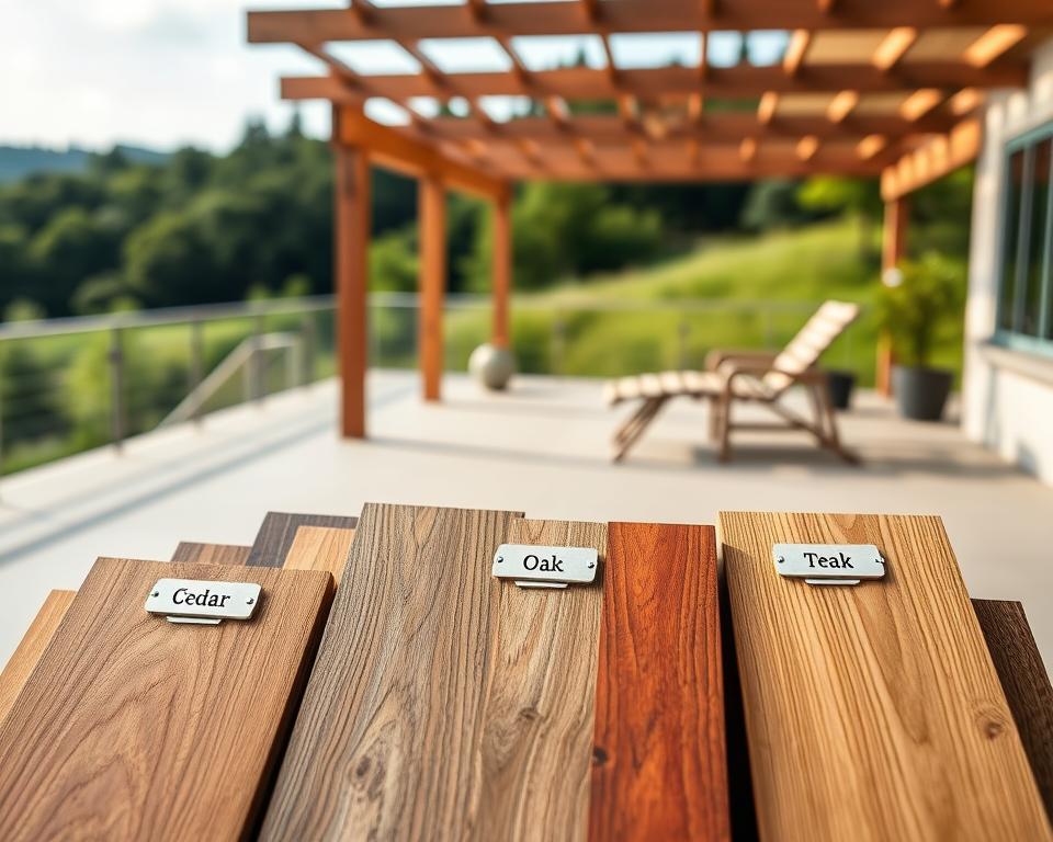 A beautifully arranged display of popular types of wood suitable for terrace roofing, emphasizing their distinct characteristics, appearance, and price. In the foreground, showcase rich, textured wood samples like cedar, oak, and teak, each labeled with subtle yet elegant tags highlighting their key features. The middle ground features a serene outdoor setting with a partially constructed terrace, allowing the wood types to blend harmoniously into the environment. The background reveals lush greenery and a clear sky to create a tranquil atmosphere. Soft, natural lighting casts gentle shadows, enhancing the grain and finish of the wood. Use a 35mm lens for a depth of field that focuses on the wood samples, ensuring a clear, professional look that invites exploration of the wood's properties.