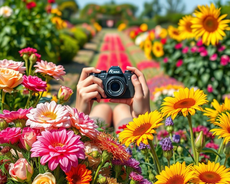 A beautifully arranged garden calendar, showcasing exquisite botanical details. In the foreground, an assortment of vibrant flowers, such as roses, dahlias, and sunflowers, with dew-dropped petals glistening in the sunlight. The middle layer features hands gently holding a camera, ready to capture the stunning flora, with rich greenery surrounding them. In the background, a soft-focus view of a meticulously designed garden path lined with colorful plants, framed by a clear blue sky. The lighting is bright and natural, creating a warm, inviting atmosphere. Shot with a macro lens to highlight intricate details of the flowers, evoking a sense of serenity and inspiration for gardening enthusiasts. The composition is clean and organized, emphasizing the beauty of nature without any text or distractions.