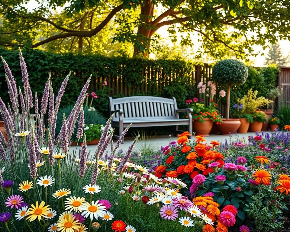 A beautifully arranged garden scene that showcases harmonious color concepts for outdoor decoration. In the foreground, vibrant flower beds with a mix of blooming daisies, lavender, and marigolds create a colorful tapestry, dotted with ornamental grasses. The middle ground features a cozy seating area with a stylish, weathered wooden bench surrounded by lush greenery and potted plants in coordinating colors, enhancing the tranquil ambiance. In the background, soft sunlight filters through overhanging branches of a leafy tree, casting gentle shadows on the vibrant garden elements. The scene captures a serene, inviting atmosphere, evoking a sense of peace and harmony that inspires garden decorators. The composition is shot with a wide-angle lens, emphasizing the depth and beauty of the garden layout, illuminated by a warm, golden hour glow.
