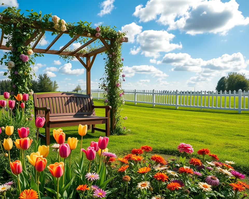 A beautifully composed outdoor scene showcasing various garden motifs suitable for calendar images. In the foreground, a vibrant flower bed bursts with colors of tulips, daisies, and marigolds, with dewdrops glistening in the morning light. The middle ground features a wooden garden bench under an arbor adorned with climbing vines and blooming roses, inviting viewers to sit and enjoy the scenery. In the background, a peaceful green lawn rolls gently toward a white picket fence, with a bright blue sky overhead, scattered fluffy clouds creating a serene atmosphere. The lighting is soft, evoking a warm, inviting mood, with a focus on depth and clarity as if captured with a 50mm lens at f/2.8 for a gentle bokeh effect around the edges. The overall image embodies tranquility and the beauty of nature, ideal for a photography calendar.