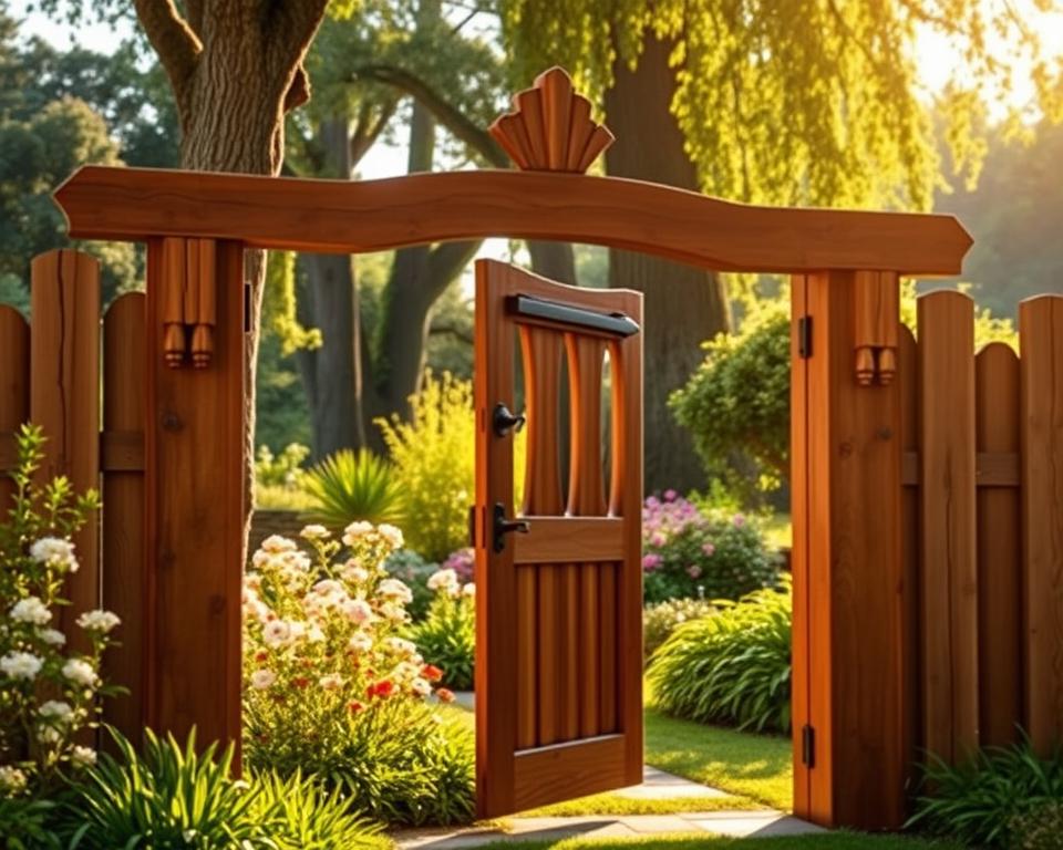 A beautifully crafted wooden garden gate made from natural materials, showcasing intricate carvings and a rich, warm finish. In the foreground, the gate stands slightly ajar, inviting viewers into the lush garden beyond. The middle ground features blooming flowers and vibrant greenery, creating a serene atmosphere. The background includes tall trees with dappled sunlight filtering through their leaves, casting soft shadows on the ground. The scene is illuminated with warm, golden hour lighting, enhancing the natural beauty of the wood and the colors of the garden. Capture this image from a slightly low angle, emphasizing the gate's elegance and stature as it harmonizes with its surrounding nature. The overall mood is tranquil and inviting, highlighting the natural elegance of wooden gates in a garden setting.