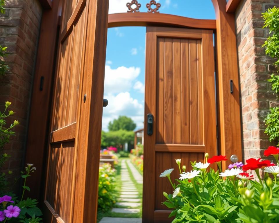A beautifully designed double-wing garden gate, known as a Drehflügeltor, showcasing elegant wooden craftsmanship with intricate carvings. The gate is partially open, revealing a lush garden filled with vibrant flowers and greenery, emphasizing an inviting atmosphere. In the foreground, the gate's detailed hinges and locking mechanism are clearly visible. The middle ground features a picturesque garden path leading to the gate, surrounded by blooming plants. In the background, a bright blue sky with a few fluffy clouds adds to the tranquil scene. Soft, natural lighting enhances the textures of the wood and the colors of the plants, while the angle captures the gate from slightly below, making it appear grand and welcoming. The overall mood is serene and harmonious, ideal for a garden entrance.