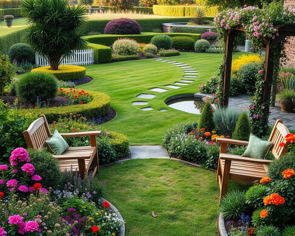 A beautifully designed garden showcasing various garden styles, divided into distinct sections. In the foreground, a cozy seating area with rustic wooden furniture surrounded by vibrant flower beds, showcasing a mix of perennials and annuals in full bloom. The middle layer features a lush, manicured lawn leading to a winding path, bordered by neatly trimmed hedges and ornamental shrubs. In the background, a trellis adorned with climbing vines and colorful blooms, alongside a small water feature reflecting the sunlight. Soft, golden hour lighting enhances the inviting atmosphere, creating warm shadows. Capture this scene with a slightly elevated angle to provide a panoramic view of the diverse elements, evoking a sense of tranquility and inspiration for gardeners.
