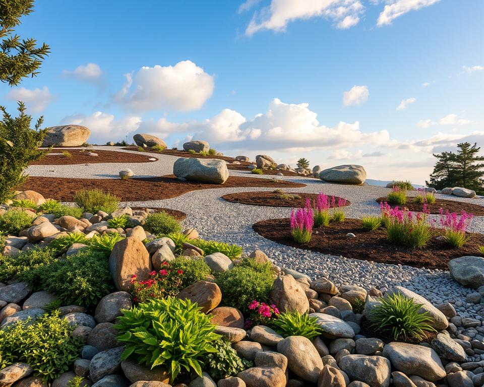 A beautifully designed rock garden (Steingarten) situated in a serene outdoor setting. In the foreground, diverse, meticulously arranged stones of different sizes and shapes intermingle with lush, green ground cover plants and colorful flowering perennials. The middle ground features gently rolling mounds of gravel and soil, interspersed with larger boulders that create visual interest. In the background, a clear blue sky with soft, fluffy clouds sets a tranquil atmosphere. The lighting is warm and inviting, suggesting either early morning or late afternoon, casting soft shadows to enhance textures. This image conveys a calm and harmonious space, embodying the essence of a peaceful stone oasis, ideal for inspiration on garden design techniques.