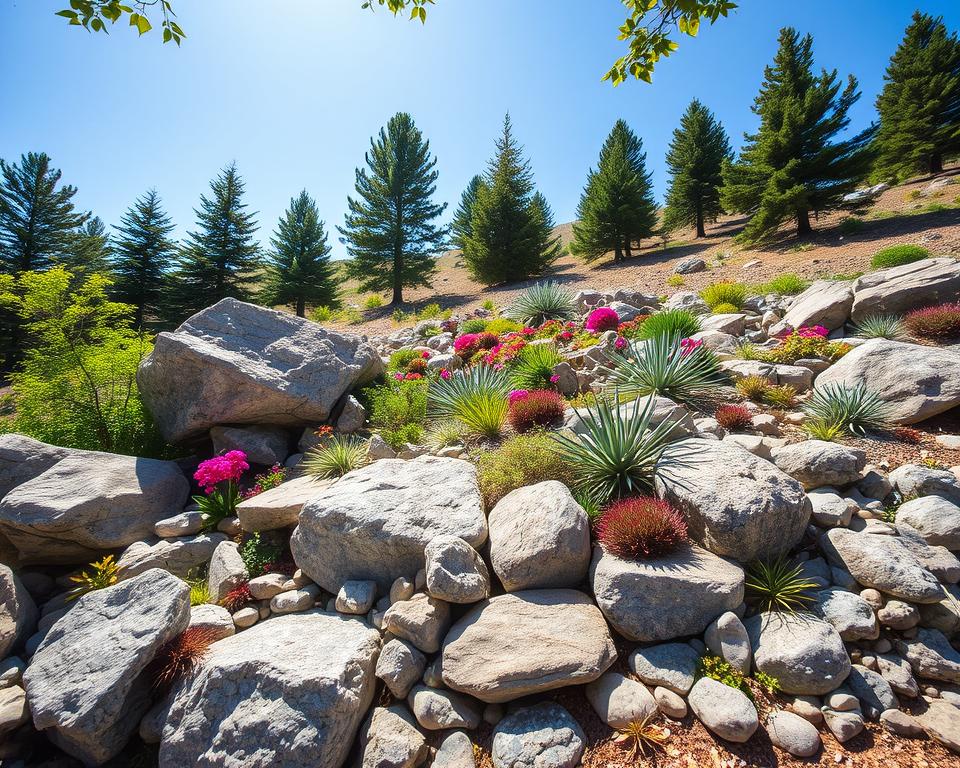 A beautifully designed rock garden, featuring various textures and colors of stones, lush green plants, and multicolored flowers. In the foreground, carefully arranged large granite boulders create a natural focal point, while smaller stones fill gaps and borders. In the middle, a variety of alpine plants and vibrant succulents are artistically placed, showcasing their resilience and beauty. The background incorporates a gently sloping hillside dotted with evergreen trees under a bright blue sky. Soft sunlight filters through the leaves, casting dappled shadows on the ground, enhancing the tranquil atmosphere. Capture the scene with a wide-angle lens to emphasize the harmonious blend of natural elements, evoking a sense of peace and serenity in this organized yet wild paradise.