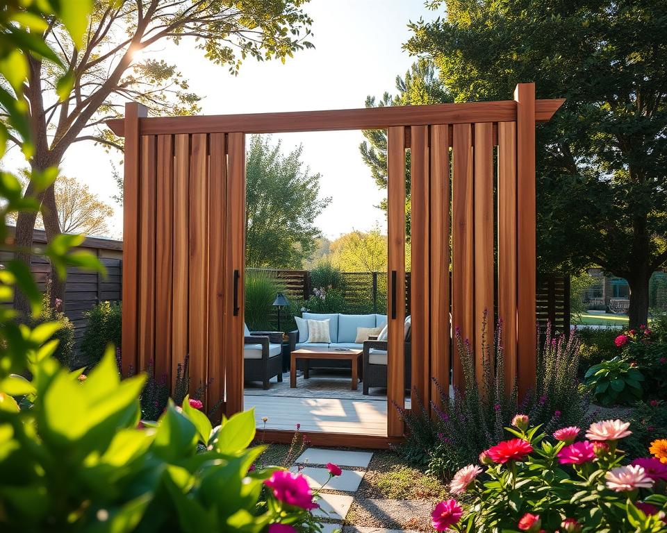 A beautifully designed wooden privacy screen stands prominently in a serene garden setting, crafted from rich, warm-toned timber with a natural finish that showcases its unique grain. In the foreground, lush green plants and colorful flowers frame the scene, creating a vibrant and inviting atmosphere. The middle ground features the wooden screen, elegantly sectioning off a cozy seating area, with comfortable outdoor furniture visible, all bathed in soft, golden sunlight that filters through the trees, casting gentle shadows. In the background, a clear blue sky enhances the natural beauty of the environment. The overall mood is peaceful and harmonious, reflecting the versatility and warmth of wooden privacy solutions, ideal for enhancing garden spaces.