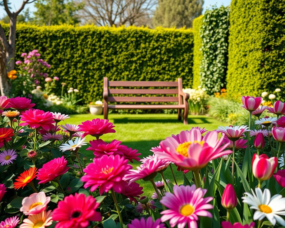 A beautifully manicured garden in full bloom, featuring a variety of colorful flowers such as roses, daisies, and tulips in the foreground. A crisp, clear morning light casts gentle shadows, enhancing the vibrant colors of the petals. In the middle ground, a rustic wooden bench invites visitors to sit and enjoy the scenery, with soft green grass surrounding it. The background reveals a serene, lush hedge and a distant trellis covered in climbing vines, all captured at eye level for an immersive perspective. The scene embodies tranquility and natural beauty, emphasizing the importance of high-quality resolution in garden photography. The atmosphere is peaceful and inviting, perfect for nature enthusiasts.