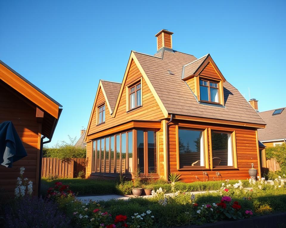 A captivating image of a Mansard roof garden house, showcasing its unique architectural design. In the foreground, the structure features a charming wooden exterior with large windows allowing natural light to flood the interior. The middle ground includes a well-maintained garden with vibrant flowers and greenery, creating a serene environment. The background reveals a clear blue sky, accentuating the house's elegant silhouette. The scene is lit by soft, warm sunlight, casting gentle shadows that enhance the details of the construction. The angle is slightly elevated, providing a comprehensive view of the roof structure and the surrounding garden. The overall mood is tranquil and inviting, perfect for illustrating the maximized space utilization concept beneath the distinctive Mansard roof. A captivating image of a Mansard roof garden house, showcasing its unique architectural design. In the foreground, the structure features a charming wooden exterior with large windows allowing natural light to flood the interior. The middle ground includes a well-maintained garden with vibrant flowers and greenery, creating a serene environment. The background reveals a clear blue sky, accentuating the house's elegant silhouette. The scene is lit by soft, warm sunlight, casting gentle shadows that enhance the details of the construction. The angle is slightly elevated, providing a comprehensive view of the roof structure and the surrounding garden. The overall mood is tranquil and inviting, perfect for illustrating the maximized space utilization concept beneath the distinctive Mansard roof.