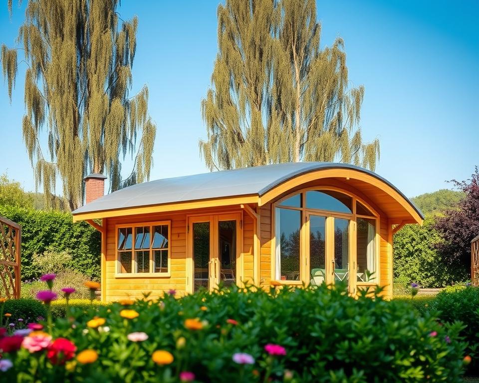 A charming, wooden garden house featuring a distinctive curved roof, known as a tonnendach, sits beautifully in a lush garden. The foreground showcases a well-maintained flower bed with colorful blooms and green shrubs, inviting a sense of tranquility. In the middle, the garden house stands as the focal point, its smooth, rounded roof glistening under soft, natural sunlight. The house's walls are made of warm timber with large windows reflecting the garden scenery. In the background, tall trees gently sway in a light breeze, and a clear blue sky adds to the serene ambiance. Use a wide-angle lens to capture the full essence of this idyllic outdoor setting, aiming for a bright, inviting mood that highlights the practical advantages of the tonnendach design. A charming, wooden garden house featuring a distinctive curved roof, known as a tonnendach, sits beautifully in a lush garden. The foreground showcases a well-maintained flower bed with colorful blooms and green shrubs, inviting a sense of tranquility. In the middle, the garden house stands as the focal point, its smooth, rounded roof glistening under soft, natural sunlight. The house's walls are made of warm timber with large windows reflecting the garden scenery. In the background, tall trees gently sway in a light breeze, and a clear blue sky adds to the serene ambiance. Use a wide-angle lens to capture the full essence of this idyllic outdoor setting, aiming for a bright, inviting mood that highlights the practical advantages of the tonnendach design.