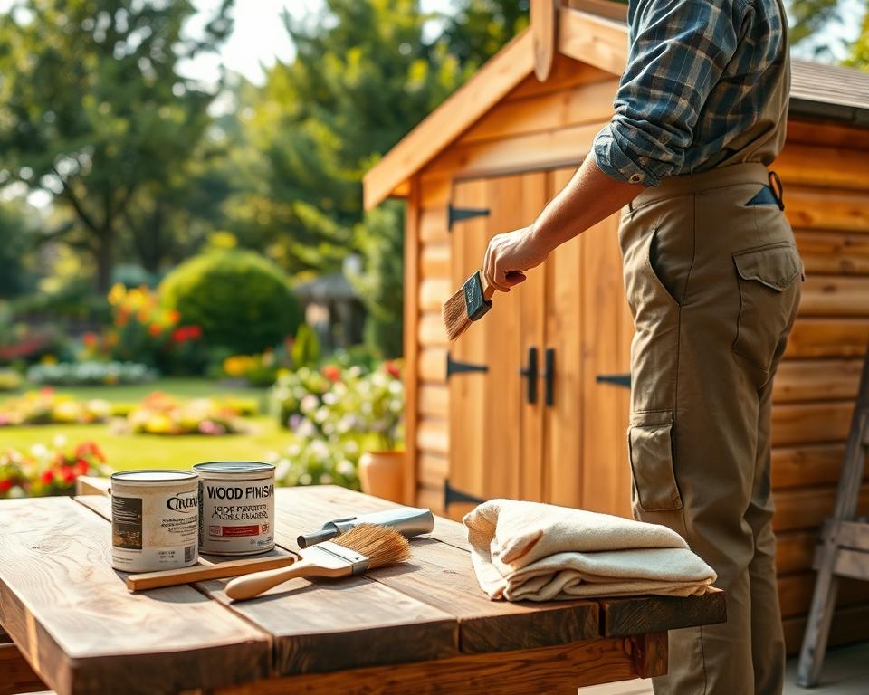 A charming wooden garden shed made of spruce wood, showcasing its intricate grain and texture, beautifully maintained. In the foreground, a person dressed in professional work attire gently applies wood treatment with a brush, highlighting the attention to care. The middle ground features various maintenance tools such as a wood finish can, a soft brush, and a cloth, arranged neatly on a rustic wooden table. The background reveals a lush green garden with colorful flowers and trees, bathed in soft, warm sunlight. The overall atmosphere is serene and inviting, embodying a sense of tranquility and dedication to preserving the beauty of spruce wood. The scene is captured with a slightly blurred background to focus on the shed and maintenance actions, using a natural light source for a warm and welcoming glow. A charming wooden garden shed made of spruce wood, showcasing its intricate grain and texture, beautifully maintained. In the foreground, a person dressed in professional work attire gently applies wood treatment with a brush, highlighting the attention to care. The middle ground features various maintenance tools such as a wood finish can, a soft brush, and a cloth, arranged neatly on a rustic wooden table. The background reveals a lush green garden with colorful flowers and trees, bathed in soft, warm sunlight. The overall atmosphere is serene and inviting, embodying a sense of tranquility and dedication to preserving the beauty of spruce wood. The scene is captured with a slightly blurred background to focus on the shed and maintenance actions, using a natural light source for a warm and welcoming glow.