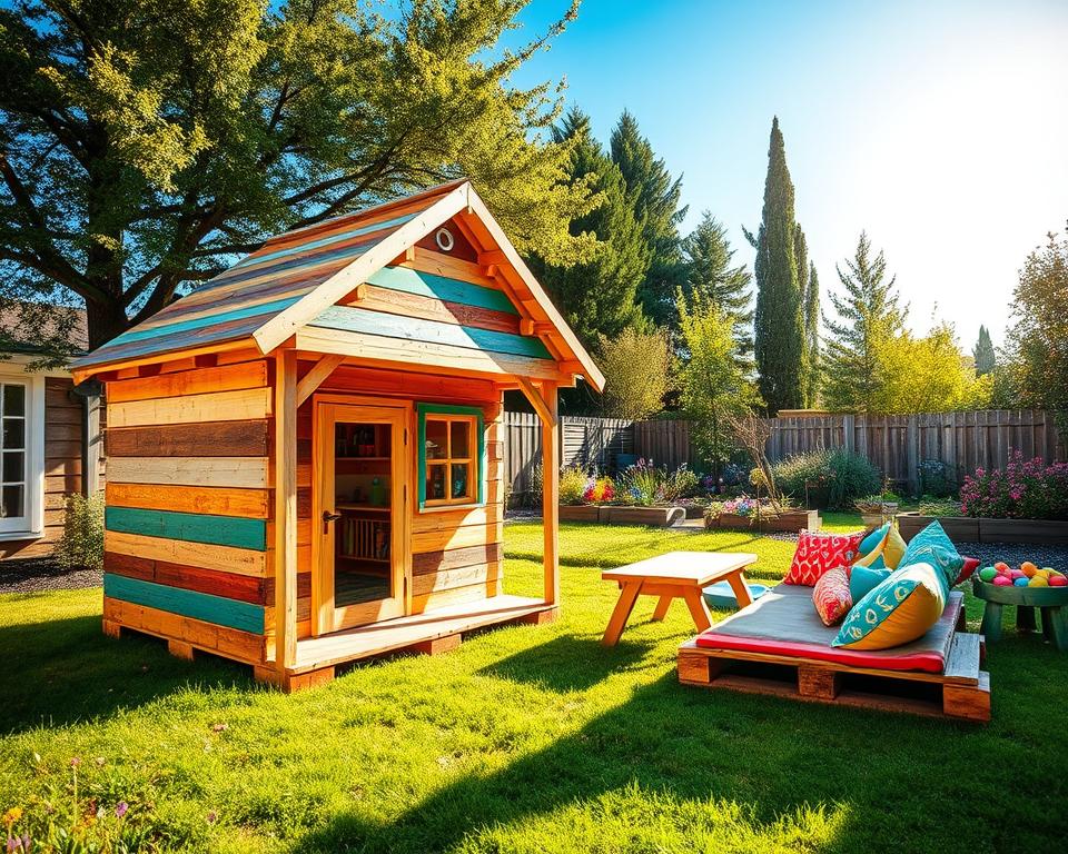 A charming wooden playhouse constructed from pallets stands in a sunny backyard. In the foreground, the playhouse features a sloped roof made of reclaimed wood, with vibrant colors showing through on the pallets, giving it a playful vibe. The middle ground shows a grassy area adorned with toys, a small picnic table, and colorful cushions for seating, inviting children to play. In the background, a lush garden with blooming flowers and tall trees adds a sense of tranquility, while a clear blue sky enhances the cheerful atmosphere. Soft sunlight filters through the trees, casting warm, natural light on the playhouse, creating a welcoming scene that inspires creativity. The image should be bright, engaging, and evoke a sense of joy and adventure. A charming wooden playhouse constructed from pallets stands in a sunny backyard. In the foreground, the playhouse features a sloped roof made of reclaimed wood, with vibrant colors showing through on the pallets, giving it a playful vibe. The middle ground shows a grassy area adorned with toys, a small picnic table, and colorful cushions for seating, inviting children to play. In the background, a lush garden with blooming flowers and tall trees adds a sense of tranquility, while a clear blue sky enhances the cheerful atmosphere. Soft sunlight filters through the trees, casting warm, natural light on the playhouse, creating a welcoming scene that inspires creativity. The image should be bright, engaging, and evoke a sense of joy and adventure.