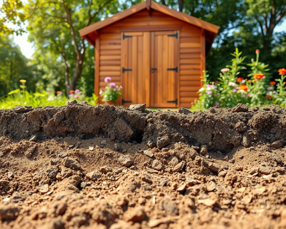A close-up view of a garden shed foundation in a natural setting, showing various soil types and their textures. In the foreground, display different layers of soil, such as clay, sandy soil, and loamy earth, highlighting their unique characteristics. The middle ground features a well-constructed wooden garden shed, illustrating the foundation’s connection to the surrounding terrain. In the background, lush greenery and colorful flowers add depth to the scene, creating a vibrant atmosphere. The sunlight filters through the leaves, casting soft, dappled shadows on the ground. Capture the image with a warm tone, using a slightly wide-angle lens to encompass both the shed and the diverse soil composition, evoking a sense of harmony between structure and nature. A close-up view of a garden shed foundation in a natural setting, showing various soil types and their textures. In the foreground, display different layers of soil, such as clay, sandy soil, and loamy earth, highlighting their unique characteristics. The middle ground features a well-constructed wooden garden shed, illustrating the foundation’s connection to the surrounding terrain. In the background, lush greenery and colorful flowers add depth to the scene, creating a vibrant atmosphere. The sunlight filters through the leaves, casting soft, dappled shadows on the ground. Capture the image with a warm tone, using a slightly wide-angle lens to encompass both the shed and the diverse soil composition, evoking a sense of harmony between structure and nature.