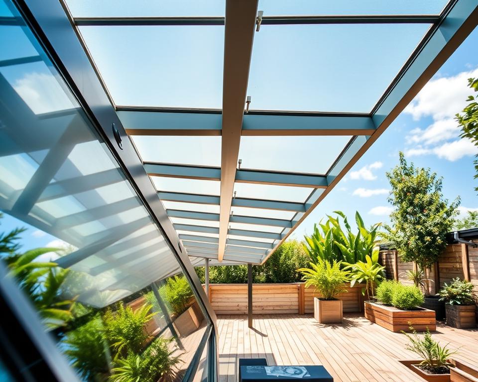 A close-up view of a sleek terrace roof featuring a combination of glass panels, polycarbonate sheets, and double-walled sheets as roofing materials. The foreground showcases the rich texture of the glass, with reflections of the sky and surrounding greenery. The middle section displays the polycarbonate sheets cut at angles, allowing vibrant light to filter through while maintaining a sturdy look. The background illustrates a sunlit backyard with a wooden terrace, lush plants, and a clear blue sky, creating an inviting atmosphere. Soft, diffused lighting highlights the transparency and durability of the materials, emphasizing their modern design. The image should focus on the harmonious blend of these materials, underlining their practicality and aesthetic appeal in outdoor structures.