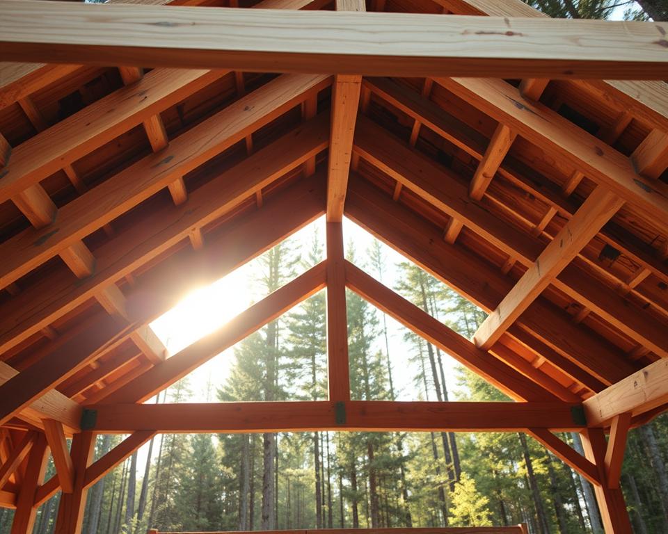 A close-up view of a wooden cottage roof construction, showcasing various types of roof structures such as gabled, hipped, and flat roofs. In the foreground, detailed wooden beams and supports are arranged meticulously, emphasizing craftsmanship. The middle ground features the complex intersections of the roof framework, demonstrating joinery techniques and intricate truss designs. In the background, a serene forest setting with soft sunlight filtering through the trees casts gentle shadows on the roof structure, creating a warm, inviting atmosphere. The perspective is slightly angled from below, enhancing the visual interest and showcasing the rooftop's geometric shapes. The scene exudes a tranquil and professional mood, ideal for illustrating roofing basics in wooden cottages, with natural colors and textures representing wood and landscape harmoniously. A close-up view of a wooden cottage roof construction, showcasing various types of roof structures such as gabled, hipped, and flat roofs. In the foreground, detailed wooden beams and supports are arranged meticulously, emphasizing craftsmanship. The middle ground features the complex intersections of the roof framework, demonstrating joinery techniques and intricate truss designs. In the background, a serene forest setting with soft sunlight filtering through the trees casts gentle shadows on the roof structure, creating a warm, inviting atmosphere. The perspective is slightly angled from below, enhancing the visual interest and showcasing the rooftop's geometric shapes. The scene exudes a tranquil and professional mood, ideal for illustrating roofing basics in wooden cottages, with natural colors and textures representing wood and landscape harmoniously.