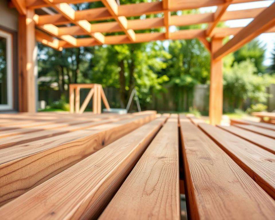 A close-up view of high-quality wood beams arranged neatly for a terrace roofing project. The foreground showcases rich, textured timber with a smooth finish, highlighting its natural grain and warm tones. In the middle ground, partially constructed wooden frames support the beams, hinting at the structure of a patio cover. The background features a sunny garden with lush greenery, emphasizing the outdoor setting. Soft, natural light filters through the trees, creating an inviting and serene atmosphere. The scene is captured from a slight low angle to accentuate the height of the beams and their craftsmanship, conveying a sense of strength and elegance in outdoor construction.