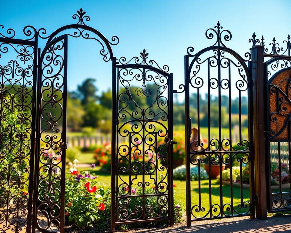 A collection of elegant garden metal gates showcasing various intricate designs, positioned prominently in the foreground. Each gate features unique patterns: one with ornate filigree, another with geometric shapes, and a third with rustic appeal. The middle ground displays a lush garden with vibrant flowers and greenery, enhancing the gates' aesthetics. In the background, a soft-focus of a clear blue sky and distant trees creates a serene atmosphere, suggesting durability and strength. The lighting is warm and inviting, with soft sunlight casting gentle shadows, emphasizing the texture of the metalwork. The angle captures the gates from a slightly low perspective, making them appear majestic and inviting. The overall mood is one of tranquility and robust elegance, ideal for garden enthusiasts.
