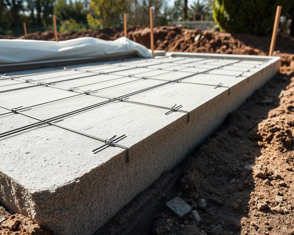 A construction site showcasing a concrete slab foundation for a garden house, prominently featuring reinforcement mats and a frost skirt. In the foreground, the rigid, textured surface of the slab is visible, with close-up details of the reinforcement bars woven through. The middle ground displays strong frost protection wrapped around the foundation edges, demonstrating engineering precision. The background hints at trees and bushes, creating a natural setting. The scene is bathed in natural daylight, casting soft shadows that highlight the texture of the materials. The angle is slightly elevated, providing a comprehensive view of the foundation elements, conveying a mood of stability and durability. No people or texts are included; the focus remains solely on the foundation features. A construction site showcasing a concrete slab foundation for a garden house, prominently featuring reinforcement mats and a frost skirt. In the foreground, the rigid, textured surface of the slab is visible, with close-up details of the reinforcement bars woven through. The middle ground displays strong frost protection wrapped around the foundation edges, demonstrating engineering precision. The background hints at trees and bushes, creating a natural setting. The scene is bathed in natural daylight, casting soft shadows that highlight the texture of the materials. The angle is slightly elevated, providing a comprehensive view of the foundation elements, conveying a mood of stability and durability. No people or texts are included; the focus remains solely on the foundation features.