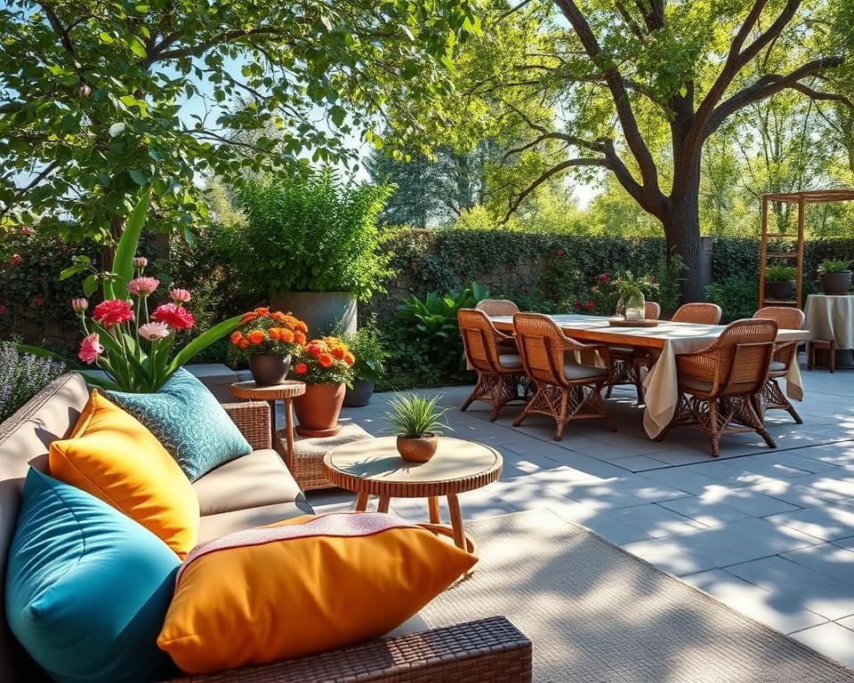 A cozy outdoor living space featuring stylish textiles and furniture, perfect for relaxation. In the foreground, a plush, colorful outdoor sofa adorned with vibrant cushions in shades of teal, yellow, and orange invites comfort. A round coffee table, topped with a decorative plant, sits beside a soft, woven rug that adds warmth. In the middle ground, an elegant dining set showcases rustic wooden chairs paired with a long, inviting table draped in light linen. Surrounding the area are lush green plants and blooming flowers, creating a vibrant garden atmosphere. The background captures a clear blue sky with soft, dappled sunlight filtering through tree leaves, casting gentle shadows. The overall mood is peaceful and inviting, ideal for enjoying serene outdoor moments.