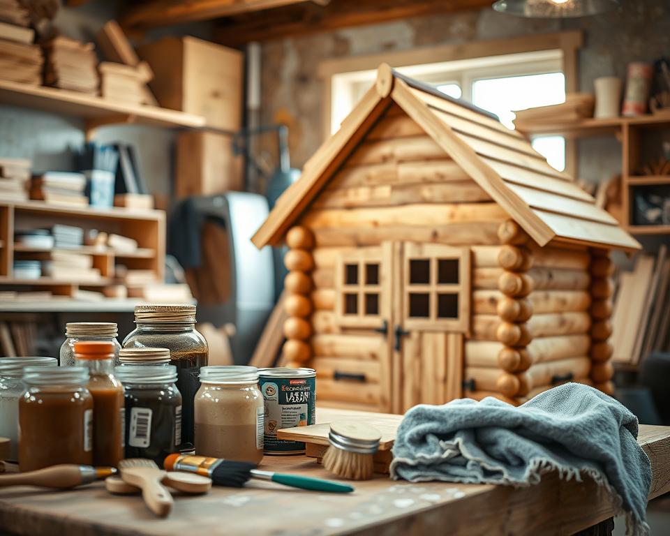 A cozy wooden playhouse in a workshop setting, showcasing a detailed surface treatment process. In the foreground, jars of wood stains, brushes, and rags are neatly arranged on a workbench, emphasizing the practical tools for Oberflächenbehandlung. The middle layer features the playhouse itself, crafted from logs, undergoing application of a protective finish, highlighting the rich wood grains. The background depicts shelves stocked with additional woodworking supplies, soft pastel colors, and natural light streaming through a nearby window, creating a warm and inviting atmosphere. The image should capture a sense of craftsmanship, skill, and attention to detail, evoking a mood of creativity and safety. Use a shallow depth of field to focus on the playhouse and treatment materials, with a soft bokeh effect in the background. A cozy wooden playhouse in a workshop setting, showcasing a detailed surface treatment process. In the foreground, jars of wood stains, brushes, and rags are neatly arranged on a workbench, emphasizing the practical tools for Oberflächenbehandlung. The middle layer features the playhouse itself, crafted from logs, undergoing application of a protective finish, highlighting the rich wood grains. The background depicts shelves stocked with additional woodworking supplies, soft pastel colors, and natural light streaming through a nearby window, creating a warm and inviting atmosphere. The image should capture a sense of craftsmanship, skill, and attention to detail, evoking a mood of creativity and safety. Use a shallow depth of field to focus on the playhouse and treatment materials, with a soft bokeh effect in the background.