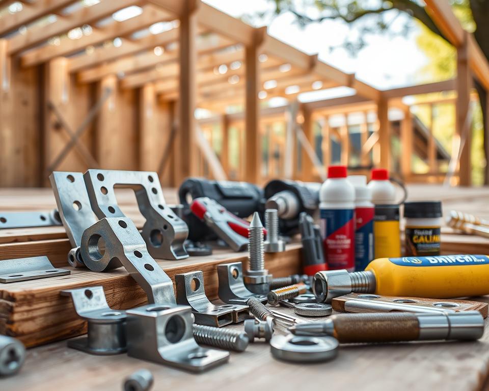A detailed arrangement of construction materials focused on "connection elements, fittings, and corrosion protection" for wooden terrace roof construction. In the foreground, showcase a variety of metallic brackets and connectors, with gleaming protective coatings, set against a backdrop of treated wooden beams. The middle layer features various tools like screwdrivers and wrenches, with a subtle sheen of rust-resistant lubricants nearby. The background displays an outdoor setting with partially constructed wooden structures, soft natural sunlight filtering through tree branches. The scene is shot with a shallow depth of field, emphasizing the materials while gently blurring the background. The mood is professional and inviting, portraying a sense of organized craftsmanship and attention to detail.