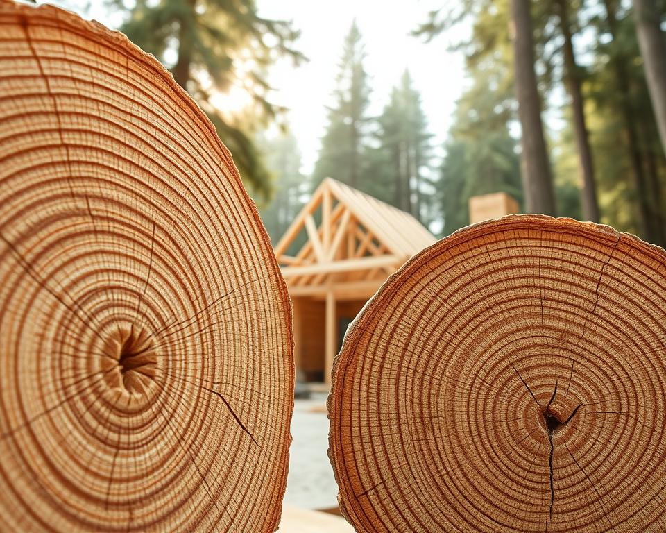 A detailed close-up of a cross-section of spruce wood (Fichtenholz) showcasing its robust grain structure, emphasizing the strength and load-bearing capacity of the wood. In the foreground, highlight the dense, fine texture of the wood fibers, with a focus on the natural knots and growth rings that indicate its durability. The middle ground features a wooden framework of a small cabin under construction, demonstrating the application of spruce wood in building. The background consists of a serene forest with soft, dappled sunlight filtering through the trees, creating a warm and inviting atmosphere. Capture this scene with soft natural lighting to reflect the organic quality of the wood, using a shallow depth of field to draw attention to the wood's features. The angle should be slightly elevated, allowing for a broad view of the construction and its surroundings. A detailed close-up of a cross-section of spruce wood (Fichtenholz) showcasing its robust grain structure, emphasizing the strength and load-bearing capacity of the wood. In the foreground, highlight the dense, fine texture of the wood fibers, with a focus on the natural knots and growth rings that indicate its durability. The middle ground features a wooden framework of a small cabin under construction, demonstrating the application of spruce wood in building. The background consists of a serene forest with soft, dappled sunlight filtering through the trees, creating a warm and inviting atmosphere. Capture this scene with soft natural lighting to reflect the organic quality of the wood, using a shallow depth of field to draw attention to the wood's features. The angle should be slightly elevated, allowing for a broad view of the construction and its surroundings.
