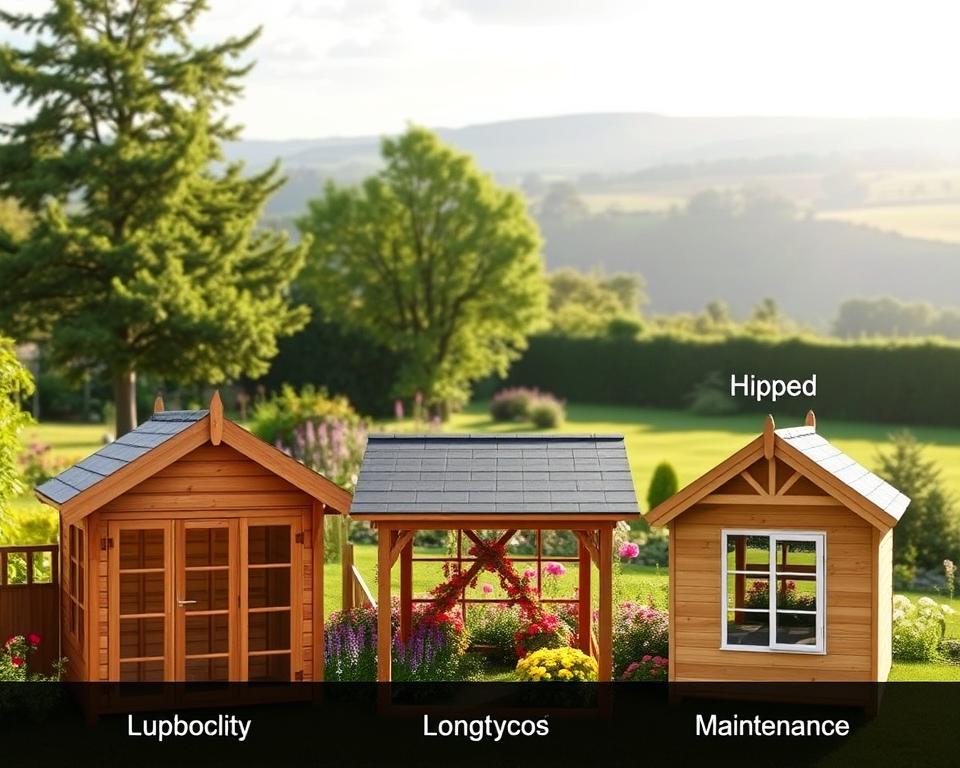 A detailed comparison image showcasing various roof types for garden houses, highlighting cost differences, longevity, and maintenance aspects. In the foreground, display a beautifully crafted wooden garden house with a gabled roof, a flat roof, and a hipped roof, each labeled with different cost indicators. The middle section features a lush garden with vibrant flowers and greenery, enhancing the aesthetic appeal. In the background, a serene landscape with soft, diffused sunlight filtering through, casting gentle shadows that create a warm and inviting atmosphere. Use a wide-angle lens to capture all elements cohesively, emphasizing the practicality and beauty of each roof type, with a focus on clarity and detail. A detailed comparison image showcasing various roof types for garden houses, highlighting cost differences, longevity, and maintenance aspects. In the foreground, display a beautifully crafted wooden garden house with a gabled roof, a flat roof, and a hipped roof, each labeled with different cost indicators. The middle section features a lush garden with vibrant flowers and greenery, enhancing the aesthetic appeal. In the background, a serene landscape with soft, diffused sunlight filtering through, casting gentle shadows that create a warm and inviting atmosphere. Use a wide-angle lens to capture all elements cohesively, emphasizing the practicality and beauty of each roof type, with a focus on clarity and detail.