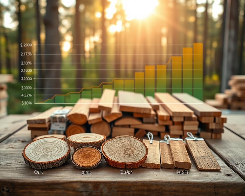 A detailed comparison of spruce wood and various other types of timber presented in a market setting. The foreground features a beautifully arranged wooden table showcasing cut samples of spruce wood alongside oak, pine, and cedar. Each wood type is labeled with subtle, elegant tags. In the middle ground, a financial graph overlays the wood samples, illustrating price differences with clear, vibrant colors. The background shows a natural outdoor scene, hinting at a serene forest, with soft, golden hour sunlight filtering through the trees, creating a warm and inviting atmosphere. A shallow depth of field focuses on the wood samples, giving depth to the image, while evoking a sense of economic practicality and warmth. The overall mood is professional, yet inviting, suitable for highlighting the advantages of spruce wood. A detailed comparison of spruce wood and various other types of timber presented in a market setting. The foreground features a beautifully arranged wooden table showcasing cut samples of spruce wood alongside oak, pine, and cedar. Each wood type is labeled with subtle, elegant tags. In the middle ground, a financial graph overlays the wood samples, illustrating price differences with clear, vibrant colors. The background shows a natural outdoor scene, hinting at a serene forest, with soft, golden hour sunlight filtering through the trees, creating a warm and inviting atmosphere. A shallow depth of field focuses on the wood samples, giving depth to the image, while evoking a sense of economic practicality and warmth. The overall mood is professional, yet inviting, suitable for highlighting the advantages of spruce wood.