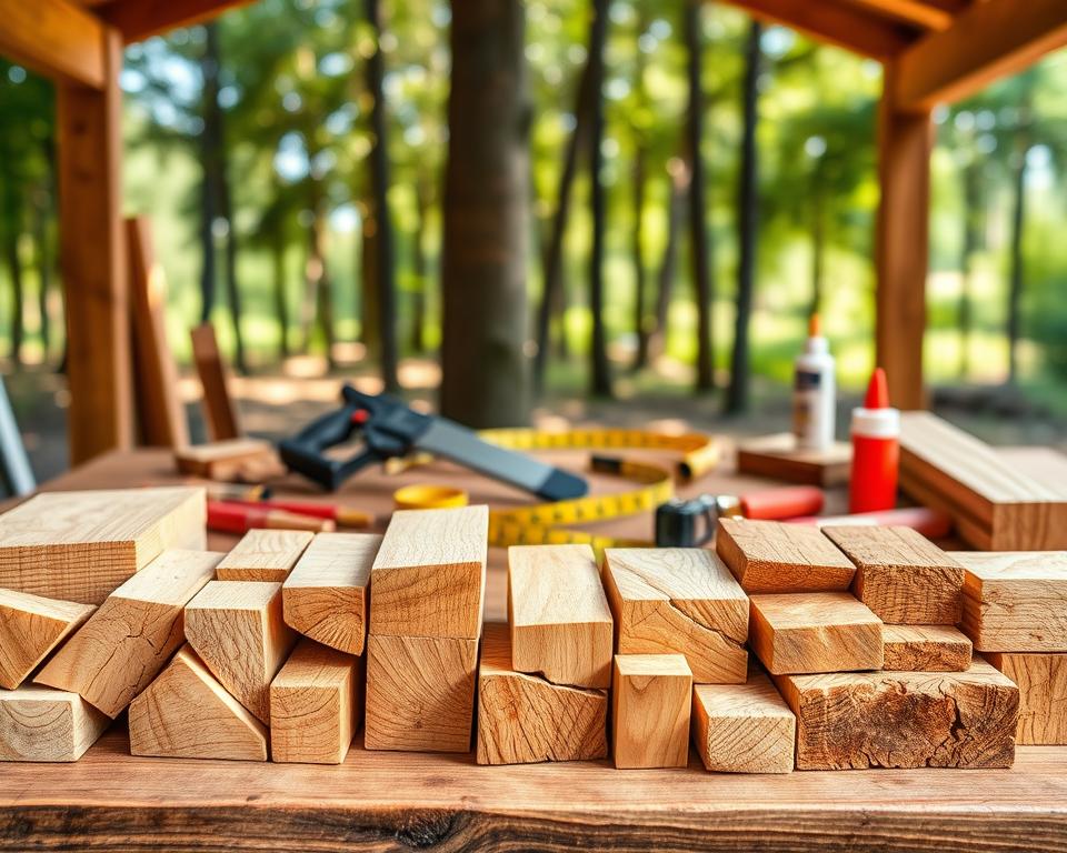 A detailed comparison of various types of wood suitable for building a wooden playhouse, depicted in a well-organized layout. In the foreground, display several samples of wood, such as pine, cedar, and oak, cut into equal-sized blocks, showcasing their different textures and colors. The middle layer features a rustic wooden workbench scattered with tools like a saw, measuring tape, and wood glue, emphasizing the DIY aspect. The background should have a softly blurred image of a serene forest, with dappled sunlight filtering through trees, creating a warm and inviting atmosphere. The lighting should be natural and bright, suggesting an outdoor workshop setting. The overall mood conveys a sense of craftsmanship and creativity, ideal for aspiring builders. A detailed comparison of various types of wood suitable for building a wooden playhouse, depicted in a well-organized layout. In the foreground, display several samples of wood, such as pine, cedar, and oak, cut into equal-sized blocks, showcasing their different textures and colors. The middle layer features a rustic wooden workbench scattered with tools like a saw, measuring tape, and wood glue, emphasizing the DIY aspect. The background should have a softly blurred image of a serene forest, with dappled sunlight filtering through trees, creating a warm and inviting atmosphere. The lighting should be natural and bright, suggesting an outdoor workshop setting. The overall mood conveys a sense of craftsmanship and creativity, ideal for aspiring builders.