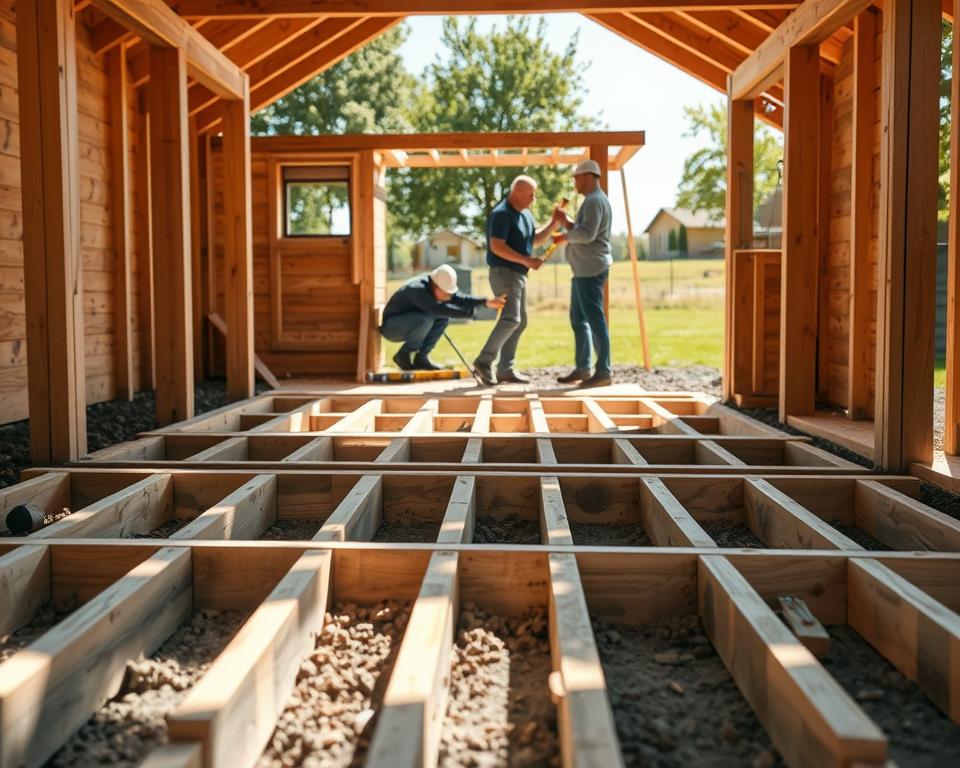 A detailed construction site scene featuring a wooden playhouse’s foundation and floor structure. In the foreground, wooden beams and planks are arranged meticulously, showcasing the foundational groundwork. The middle ground highlights workers in professional attire, focusing on the assembly of the playhouse, with tools like a hammer and level present. In the background, a bright sunny day illuminates a grassy yard, trees softly swaying, adding warmth to the scene. The lighting is natural, casting soft shadows that enhance the textures of the wood and the earth. The perspective is slightly elevated, capturing the intricate details of the construction process, creating a productive and cheerful atmosphere, emphasizing craftsmanship and teamwork in building a safe play environment. A detailed construction site scene featuring a wooden playhouse’s foundation and floor structure. In the foreground, wooden beams and planks are arranged meticulously, showcasing the foundational groundwork. The middle ground highlights workers in professional attire, focusing on the assembly of the playhouse, with tools like a hammer and level present. In the background, a bright sunny day illuminates a grassy yard, trees softly swaying, adding warmth to the scene. The lighting is natural, casting soft shadows that enhance the textures of the wood and the earth. The perspective is slightly elevated, capturing the intricate details of the construction process, creating a productive and cheerful atmosphere, emphasizing craftsmanship and teamwork in building a safe play environment.