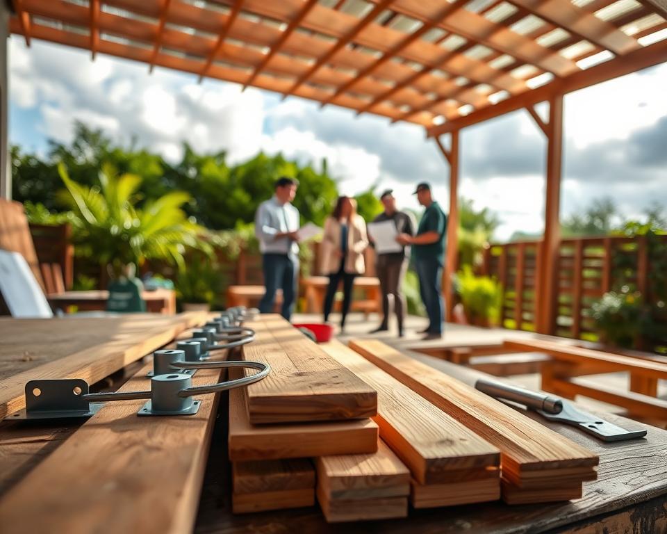 A detailed cost planning scene showcasing materials for a wooden terrace roof. In the foreground, neatly arranged planks of wood, metal brackets, and tools lay on a workbench. The middle ground features a partially constructed wooden terrace roof, with skilled professionals in modest casual clothing discussing blueprints and measurements, demonstrating collaboration. In the background, a lush garden scene provides a vibrant contrast, with sunlight filtering through moderate clouds, creating a warm and inviting atmosphere. Soft shadows enhance the texture of the wood and tools, focusing on quality and craftsmanship. Use a slight depth of field to draw attention to the foreground while keeping the background slightly blurred, conveying a sense of preparation and professionalism.