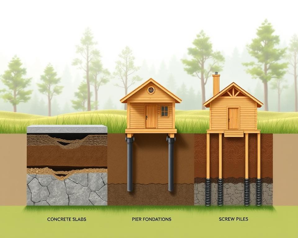 A detailed illustration comparing different foundation types for wooden houses, showcasing a variety of foundations such as concrete slabs, pier foundations, and screw piles. In the foreground, display a cross-section view of each foundation type, highlighting their unique structural designs and materials. In the middle ground, depict a simple wooden house built on each type of foundation, clearly showing the different heights and appearances. The background should include a serene landscape of trees and grass, under soft, diffused natural lighting to create a calm atmosphere. Use a slightly elevated angle to give a comprehensive view of the foundations in relation to the house, emphasizing clarity and detail, while maintaining a professional tone throughout the composition. A detailed illustration comparing different foundation types for wooden houses, showcasing a variety of foundations such as concrete slabs, pier foundations, and screw piles. In the foreground, display a cross-section view of each foundation type, highlighting their unique structural designs and materials. In the middle ground, depict a simple wooden house built on each type of foundation, clearly showing the different heights and appearances. The background should include a serene landscape of trees and grass, under soft, diffused natural lighting to create a calm atmosphere. Use a slightly elevated angle to give a comprehensive view of the foundations in relation to the house, emphasizing clarity and detail, while maintaining a professional tone throughout the composition.