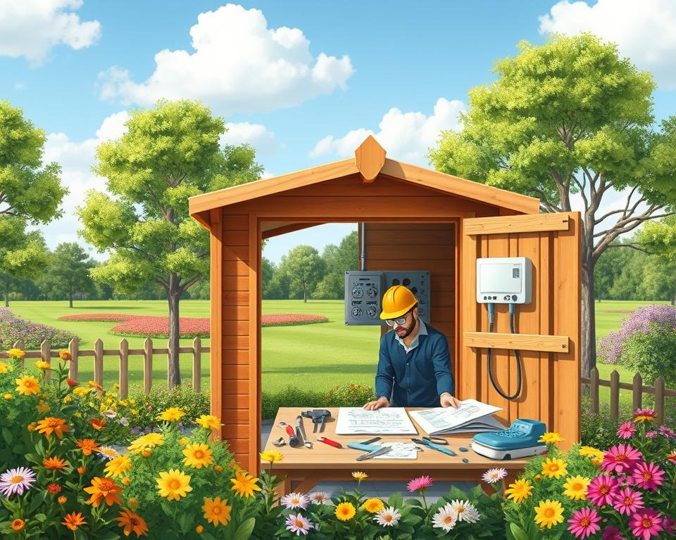 A detailed illustration of garden house electrical installation planning, showcasing a wooden garden shed surrounded by trees and flowers in the foreground. The shed is open, revealing neatly organized tools and wiring diagrams on a table, with a professional wearing a hard hat and safety glasses, carefully examining the plans. In the middle ground, a landscape of green grass and vibrant flower beds gives a serene garden atmosphere. In the background, a clear blue sky with fluffy white clouds enhances the sense of openness and tranquility. The scene is well-lit, mimicking natural daylight, with soft shadows cast by the trees. Capture this moment with a slightly elevated angle to provide an overview of the workspace and highlight the intricate details of the installation process, evoking a feeling of meticulousness and safety in electrical planning. A detailed illustration of garden house electrical installation planning, showcasing a wooden garden shed surrounded by trees and flowers in the foreground. The shed is open, revealing neatly organized tools and wiring diagrams on a table, with a professional wearing a hard hat and safety glasses, carefully examining the plans. In the middle ground, a landscape of green grass and vibrant flower beds gives a serene garden atmosphere. In the background, a clear blue sky with fluffy white clouds enhances the sense of openness and tranquility. The scene is well-lit, mimicking natural daylight, with soft shadows cast by the trees. Capture this moment with a slightly elevated angle to provide an overview of the workspace and highlight the intricate details of the installation process, evoking a feeling of meticulousness and safety in electrical planning.