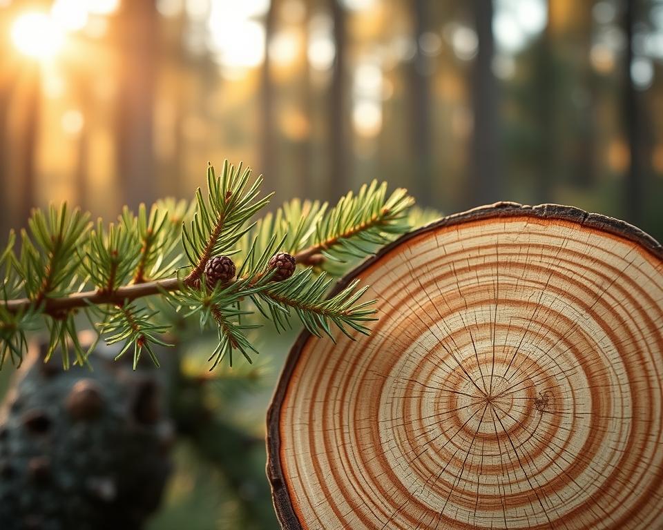A detailed illustration of spruce wood, showcasing its unique botanical characteristics and natural wood structure. In the foreground, highlight a cross-section of a spruce log, revealing the intricate growth rings and smooth texture of the wood. The middle ground should display sprigs of spruce branches with green needles and small cones, emphasizing its natural beauty. In the background, softly blurred, depict a serene forest setting, bathed in warm, golden sunlight filtering through the trees, creating a calm and inviting atmosphere. Use a shallow depth of field to focus on the wood’s details. Capture the rich tones and patterns of the wood grain, celebrating its suitability for construction. The overall mood should evoke harmony with nature, reflecting the strength and reliability of spruce as a building material. A detailed illustration of spruce wood, showcasing its unique botanical characteristics and natural wood structure. In the foreground, highlight a cross-section of a spruce log, revealing the intricate growth rings and smooth texture of the wood. The middle ground should display sprigs of spruce branches with green needles and small cones, emphasizing its natural beauty. In the background, softly blurred, depict a serene forest setting, bathed in warm, golden sunlight filtering through the trees, creating a calm and inviting atmosphere. Use a shallow depth of field to focus on the wood’s details. Capture the rich tones and patterns of the wood grain, celebrating its suitability for construction. The overall mood should evoke harmony with nature, reflecting the strength and reliability of spruce as a building material.