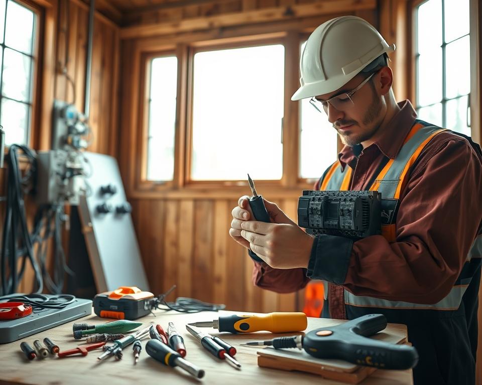 A detailed indoor scene showcasing essential electrical safety measures during installation in a wooden cabin. In the foreground, a skilled technician, dressed in professional work attire, meticulously checks electrical wiring and safety equipment, focusing on circuit breakers and grounding systems. In the middle ground, tools such as screwdrivers, wire strippers, and safety gear are neatly arranged on a workbench. The background features wooden walls and large windows allowing natural light to flood the space, creating a warm, inviting atmosphere. Soft, diffused lighting highlights the technician's focused expression, emphasizing a mood of professionalism and diligence. The image composition should reflect a well-organized workspace, promoting efficiency and safety in electrical installation. A detailed indoor scene showcasing essential electrical safety measures during installation in a wooden cabin. In the foreground, a skilled technician, dressed in professional work attire, meticulously checks electrical wiring and safety equipment, focusing on circuit breakers and grounding systems. In the middle ground, tools such as screwdrivers, wire strippers, and safety gear are neatly arranged on a workbench. The background features wooden walls and large windows allowing natural light to flood the space, creating a warm, inviting atmosphere. Soft, diffused lighting highlights the technician's focused expression, emphasizing a mood of professionalism and diligence. The image composition should reflect a well-organized workspace, promoting efficiency and safety in electrical installation.