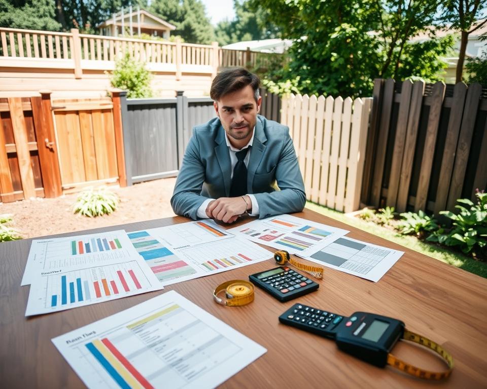 A detailed scene depicting a budget planning and cost comparison for garden privacy fences. In the foreground, a wooden table is covered with colorful charts, price lists, and samples of various fences, such as wooden, vinyl, and metal. A calculator and measuring tape rest nearby. In the middle ground, a professional-looking individual, dressed in smart casual attire, is analyzing the materials with a thoughtful expression. In the background, a serene garden setting with different types of installed privacy fences is visible, providing a context for the comparison. The atmosphere is bright and inviting, illuminated by soft sunlight, enhancing the colors of the charts and garden. The image should be taken from a slightly elevated angle to showcase both the table and the fence varieties effectively.