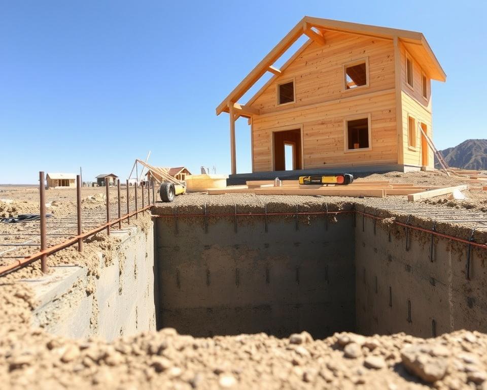 A detailed scene depicting a "strip foundation" for a wooden house under construction. In the foreground, show a freshly excavated trench filled with concrete, reinforcing bars protruding from the sides. In the middle ground, illustrate the wooden beams being laid across the foundation, with tools like a level and a measuring tape nearby. The background features a partially built wooden house, with construction materials scattered around, set against a clear blue sky. The lighting is bright and natural, creating a warm atmosphere that highlights the details of the construction process. The angle is a slightly elevated perspective, providing a comprehensive view of the strip foundation in relation to the wooden house. A detailed scene depicting a "strip foundation" for a wooden house under construction. In the foreground, show a freshly excavated trench filled with concrete, reinforcing bars protruding from the sides. In the middle ground, illustrate the wooden beams being laid across the foundation, with tools like a level and a measuring tape nearby. The background features a partially built wooden house, with construction materials scattered around, set against a clear blue sky. The lighting is bright and natural, creating a warm atmosphere that highlights the details of the construction process. The angle is a slightly elevated perspective, providing a comprehensive view of the strip foundation in relation to the wooden house.