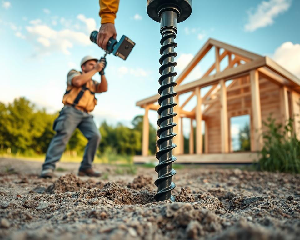 A detailed scene of a Schraubfundament installation for a wooden house in a serene outdoor setting. In the foreground, a robust screw foundation anchor is being placed into the ground by a worker in professional attire, using a torque wrench. The middle ground showcases the partially constructed wooden structure, showcasing its framework with freshly cut timber. In the background, lush greenery and a clear blue sky with soft clouds create a calming atmosphere. The lighting is warm and natural, suggesting late afternoon, with soft shadows accentuating the details of the installation process. The angle is slightly elevated to capture both the foundation work and the emerging structure, emphasizing the modern approach to building supports. A detailed scene of a Schraubfundament installation for a wooden house in a serene outdoor setting. In the foreground, a robust screw foundation anchor is being placed into the ground by a worker in professional attire, using a torque wrench. The middle ground showcases the partially constructed wooden structure, showcasing its framework with freshly cut timber. In the background, lush greenery and a clear blue sky with soft clouds create a calming atmosphere. The lighting is warm and natural, suggesting late afternoon, with soft shadows accentuating the details of the installation process. The angle is slightly elevated to capture both the foundation work and the emerging structure, emphasizing the modern approach to building supports.