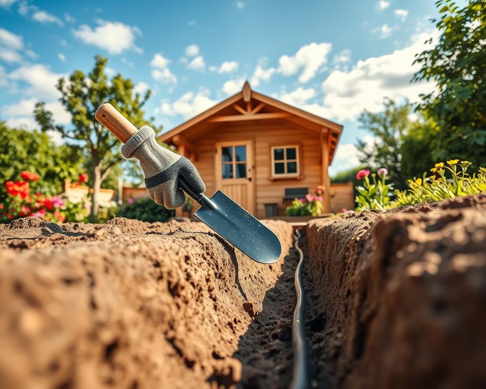 A detailed scene of a garden house installation, focusing on the underground cable laying process. In the foreground, a neatly dug trench showcasing earth cables being carefully placed. In the middle, a pair of hands, clad in professional work gloves, delicately handling the cables with tools like a spade and a cable marker. The background features a charming wooden garden house, framed by lush greenery and colorful flowers, under a bright blue sky with scattering clouds. The lighting is natural and soft, simulating a warm afternoon sun. The atmosphere is one of focused professionalism, emphasizing safety and efficiency. The angle should be slightly elevated to capture both the work being done and the lovely garden surroundings without any text or distractions. A detailed scene of a garden house installation, focusing on the underground cable laying process. In the foreground, a neatly dug trench showcasing earth cables being carefully placed. In the middle, a pair of hands, clad in professional work gloves, delicately handling the cables with tools like a spade and a cable marker. The background features a charming wooden garden house, framed by lush greenery and colorful flowers, under a bright blue sky with scattering clouds. The lighting is natural and soft, simulating a warm afternoon sun. The atmosphere is one of focused professionalism, emphasizing safety and efficiency. The angle should be slightly elevated to capture both the work being done and the lovely garden surroundings without any text or distractions.