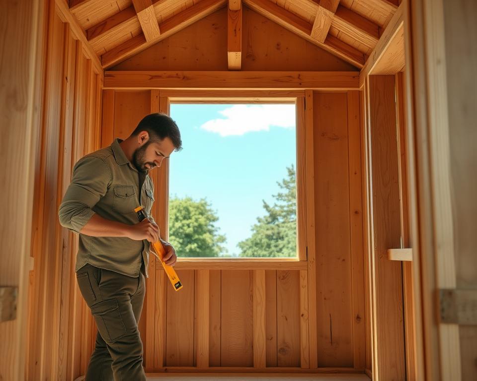 A detailed scene of a wooden playhouse under construction, focusing on the wall assembly and window installation. In the foreground, a skilled carpenter in modest casual clothing carefully aligns wooden panels, holding a level tool. The middle ground features an incomplete wooden structure with framed walls and a window opening, showcasing natural wood grain and textures. In the background, a serene outdoor setting with green trees and blue sky, suggesting an inviting atmosphere. Soft daylight filters through the scene, casting gentle shadows. The viewpoint is slightly angled to provide depth, emphasizing the steps of building while demonstrating the craftsmanship involved. The image captures a mood of dedication and creativity in DIY home projects, without any text or overlays. A detailed scene of a wooden playhouse under construction, focusing on the wall assembly and window installation. In the foreground, a skilled carpenter in modest casual clothing carefully aligns wooden panels, holding a level tool. The middle ground features an incomplete wooden structure with framed walls and a window opening, showcasing natural wood grain and textures. In the background, a serene outdoor setting with green trees and blue sky, suggesting an inviting atmosphere. Soft daylight filters through the scene, casting gentle shadows. The viewpoint is slightly angled to provide depth, emphasizing the steps of building while demonstrating the craftsmanship involved. The image captures a mood of dedication and creativity in DIY home projects, without any text or overlays.