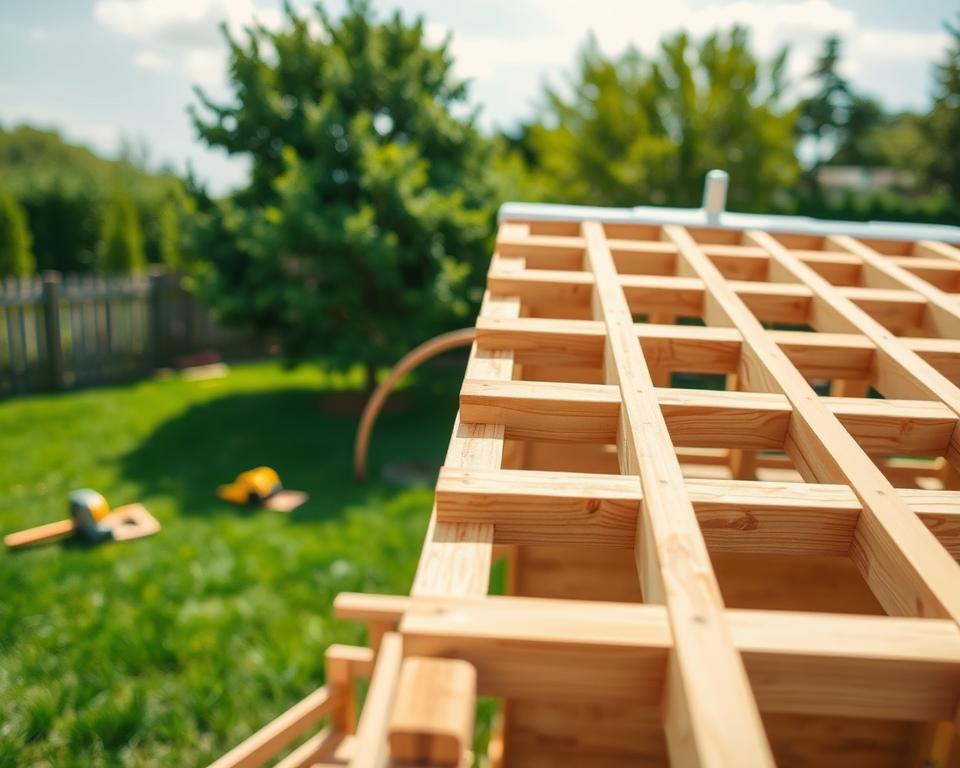 A detailed scene showcasing a wooden playhouse roof construction, focusing on the roof framework and sealing techniques. In the foreground, display a partially assembled roof structure with visible wooden beams, showing intricate joinery and alignment. In the middle ground, illustrate tools like a saw, hammer, and measuring tape, emphasizing the construction process. The background should feature a serene yard setting with green grass and trees, under a bright and cheerful sky. Use soft, natural lighting to create a warm and inviting atmosphere, accentuating the wood grain and textures of the materials. The composition should be shot from a slight low angle to give prominence to the roof structure while keeping the surroundings harmonious. Ensure no people are present in the scene. A detailed scene showcasing a wooden playhouse roof construction, focusing on the roof framework and sealing techniques. In the foreground, display a partially assembled roof structure with visible wooden beams, showing intricate joinery and alignment. In the middle ground, illustrate tools like a saw, hammer, and measuring tape, emphasizing the construction process. The background should feature a serene yard setting with green grass and trees, under a bright and cheerful sky. Use soft, natural lighting to create a warm and inviting atmosphere, accentuating the wood grain and textures of the materials. The composition should be shot from a slight low angle to give prominence to the roof structure while keeping the surroundings harmonious. Ensure no people are present in the scene.