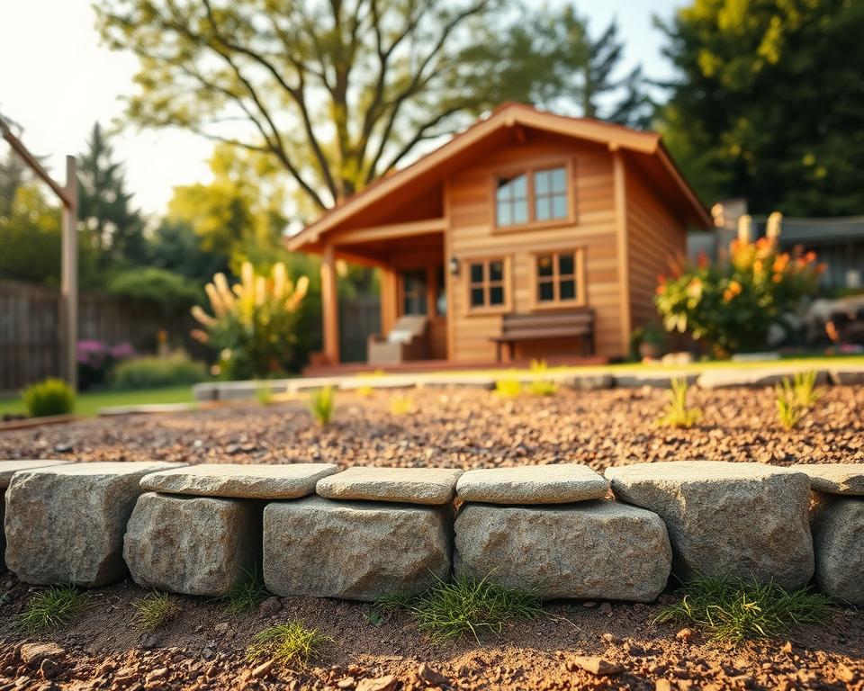 A detailed view of a wooden garden house with a solid foundation made of foundation stones and concrete blocks. In the foreground, show the foundation stones arranged evenly, with some grass and small plants around them for a natural look. The wooden garden house stands prominently in the middle, crafted from rustic timber, with a slanted roof and windows that invite sunlight. In the background, depict a serene garden with trees and bushes, bathed in warm, soft sunlight to create a peaceful atmosphere. Use a wide-angle lens effect to capture the entire scene, enhancing the depth. The mood should be tranquil and inviting, illustrating a perfect backyard retreat. A detailed view of a wooden garden house with a solid foundation made of foundation stones and concrete blocks. In the foreground, show the foundation stones arranged evenly, with some grass and small plants around them for a natural look. The wooden garden house stands prominently in the middle, crafted from rustic timber, with a slanted roof and windows that invite sunlight. In the background, depict a serene garden with trees and bushes, bathed in warm, soft sunlight to create a peaceful atmosphere. Use a wide-angle lens effect to capture the entire scene, enhancing the depth. The mood should be tranquil and inviting, illustrating a perfect backyard retreat.