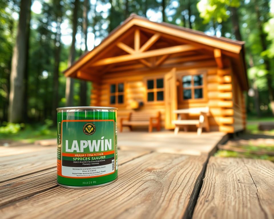 A focused view of a wooden cabin made from freshly treated spruce wood, showcasing the rich texture and color of the wood, emphasizing its resistance to weather elements. In the foreground, a can of wood protection treatment is placed, partially open, revealing the vibrant green liquid inside, symbolizing the kesseldruckimprägnierung process. The middle ground features a beautifully constructed cabin, its wooden boards glistening subtly under natural sunlight, highlighting the treatment's effectiveness. In the background, a serene forest setting with soft dappled light filtering through the trees creates a calming atmosphere, indicating a connection to nature. The image should have a warm, inviting feel, captured with a soft-focus lens at a slight angle to enhance depth, evoking a sense of tranquility and durability inherent in well-treated spruce wood. A focused view of a wooden cabin made from freshly treated spruce wood, showcasing the rich texture and color of the wood, emphasizing its resistance to weather elements. In the foreground, a can of wood protection treatment is placed, partially open, revealing the vibrant green liquid inside, symbolizing the kesseldruckimprägnierung process. The middle ground features a beautifully constructed cabin, its wooden boards glistening subtly under natural sunlight, highlighting the treatment's effectiveness. In the background, a serene forest setting with soft dappled light filtering through the trees creates a calming atmosphere, indicating a connection to nature. The image should have a warm, inviting feel, captured with a soft-focus lens at a slight angle to enhance depth, evoking a sense of tranquility and durability inherent in well-treated spruce wood.