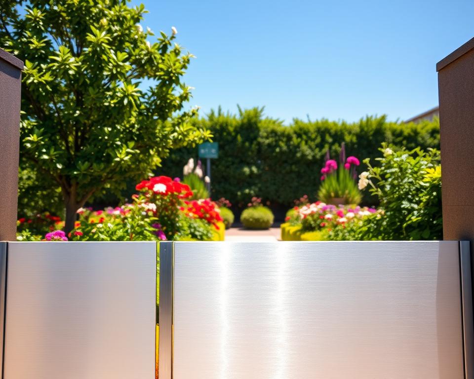 A modern aluminum garden gate, showcasing sleek lines and a minimalist design, prominently placed in the foreground. The gate features a brushed aluminum finish, reflecting the sunlight with a polished sheen. In the middle ground, a well-manicured garden filled with vibrant flowers and lush greenery enhances the elegance of the gate. The background reveals a clear blue sky, providing a bright and cheerful atmosphere. The lighting is warm and natural, emphasizing the modern aesthetic of the gate. The scene is framed using a slightly low angle to capture the height and prominence of the gate. Aim for a serene mood, illustrating the gate as both a functional and stylish component of the garden. No people or additional objects present, focusing entirely on the gate and its surroundings.