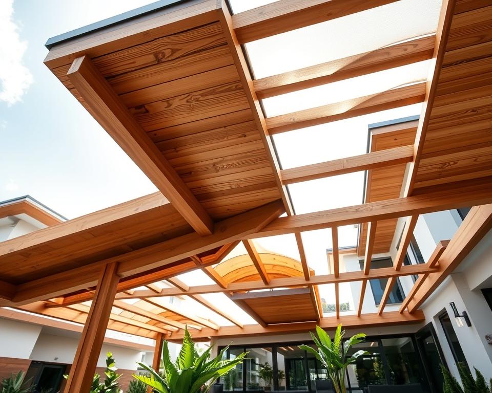 A modern architectural design featuring a stylish wooden terrace cover, showcasing various roof shapes and pitch angles. In the foreground, intricate details of wooden beams and panels are highlighted, emphasizing craftsmanship. The middle ground presents the terrace itself, adorned with lush green plants and outdoor furniture. The background consists of a contemporary house, harmonizing with the terrace design. Natural sunlight filters through the structure, casting soft shadows and creating a warm atmosphere. Use a wide-angle lens to capture the entire scene at a slight upward angle, enhancing the elegance of the roof designs. The mood is inviting and tranquil, reflecting a seamless blend of nature and modern architecture.