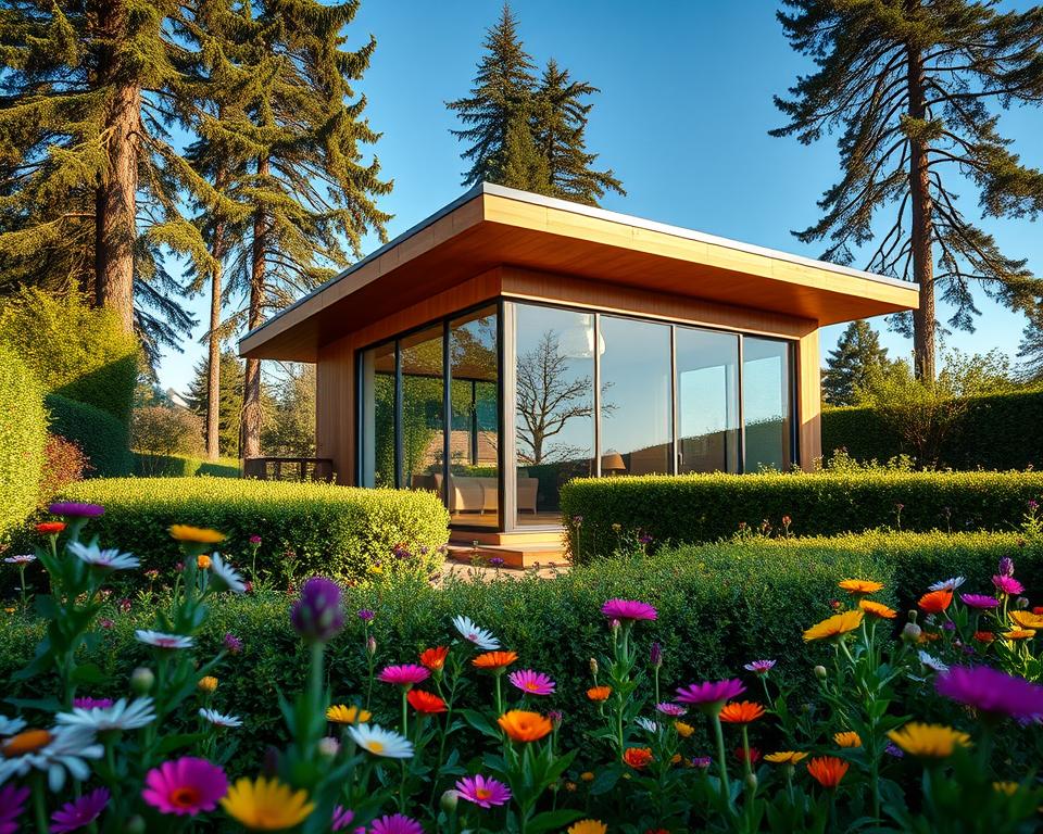 A modern flat-roof garden house surrounded by a lush, vibrant garden. In the foreground, colorful flowers and neatly trimmed hedges create a welcoming atmosphere. The middle ground features the sleek, angular lines of the garden house, showcasing large glass windows that reflect the sunlight, emphasizing the contemporary design. The structure is constructed from natural wood, harmonizing with the surrounding greenery. In the background, tall trees and a clear blue sky add depth to the scene. Soft, natural lighting creates a warm and inviting mood, enhancing the sense of tranquility and modernity. The perspective is captured from a slight angle, providing a dynamic view of the house while maintaining the focus on its architectural elegance. A modern flat-roof garden house surrounded by a lush, vibrant garden. In the foreground, colorful flowers and neatly trimmed hedges create a welcoming atmosphere. The middle ground features the sleek, angular lines of the garden house, showcasing large glass windows that reflect the sunlight, emphasizing the contemporary design. The structure is constructed from natural wood, harmonizing with the surrounding greenery. In the background, tall trees and a clear blue sky add depth to the scene. Soft, natural lighting creates a warm and inviting mood, enhancing the sense of tranquility and modernity. The perspective is captured from a slight angle, providing a dynamic view of the house while maintaining the focus on its architectural elegance.