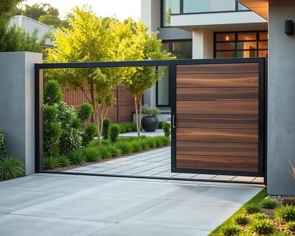 A modern sliding gate designed for a compact driveway, showcasing sleek, minimalist lines and a blend of wood and metal materials. In the foreground, the gate is partially open, demonstrating its space-saving mechanism. The middle section features a neatly paved driveway bordered by lush greenery and low-maintenance shrubs, creating a serene garden atmosphere. In the background, a contemporary home with large windows and clean architectural lines complements the gate's modern design. The lighting is soft and warm, suggesting late afternoon sun, casting gentle shadows. Capture this scene from a slightly elevated angle, focusing on the gate's functionality and aesthetic appeal, evoking a feeling of tranquility and modern living. The overall mood should feel welcoming and harmonious with nature.