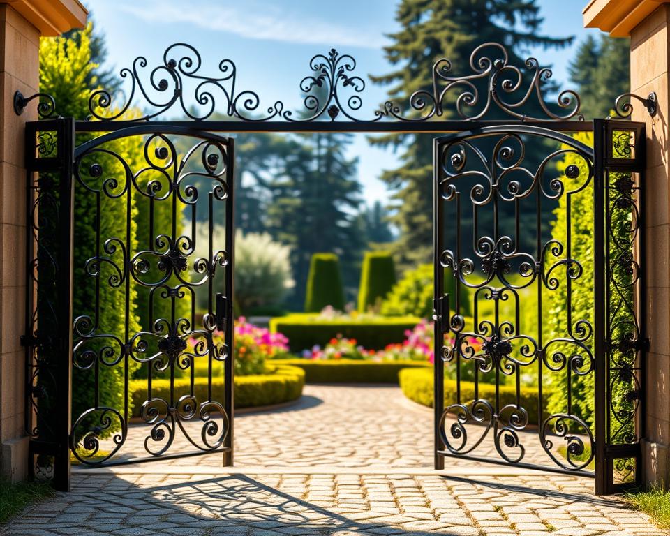 A pair of ornate wrought iron gates stands majestically in a lush garden, showcasing intricate scrollwork and delicate floral motifs. The foreground features the gates partially open, inviting viewers into the garden, with sunlight filtering through the metalwork, casting shadows on the cobblestone pathway. In the middle ground, colorful flowers bloom vibrantly, framed by lush greenery and well-manicured hedges, enhancing the gates' elegance. The background includes tall, mature trees and a serene blue sky, creating a tranquil atmosphere. Soft, warm lighting emphasizes the details of the metalwork and foliage, while a shallow depth of field gently blurs the background, drawing focus to the intricate designs of the gates. The mood is inviting and serene, reflecting the beauty of crafted garden entrances.